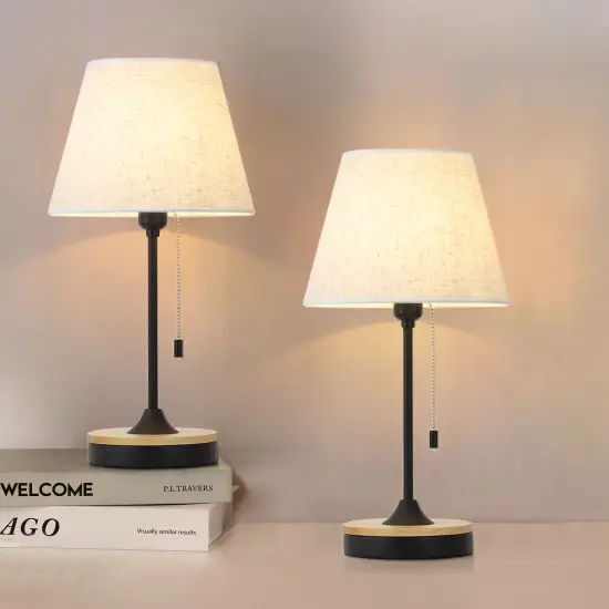 2pcs Wood Desk Lamps Energy Efficient with Linen Shade {1}