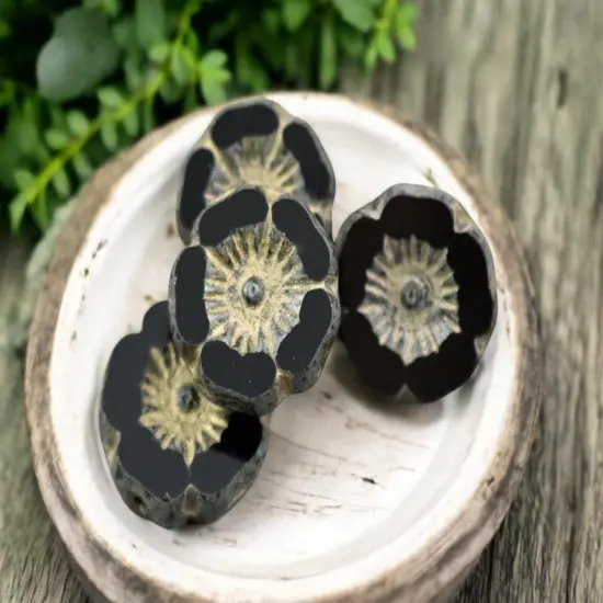 *12* 12mnm Gold Washed Jet Picasso Hawaiian Flower Beads {1}
