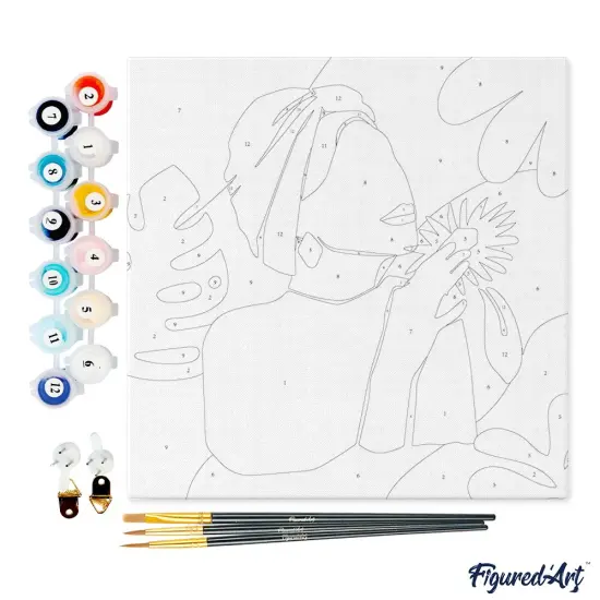 Figured'Art Mini Paint by Numbers Kit for Adults with Frame Abstract Woman in Green Turban Small format 8"x8" - Craft Art Painting DIY Canvas Already Stretched on a Wooden Frame {4}