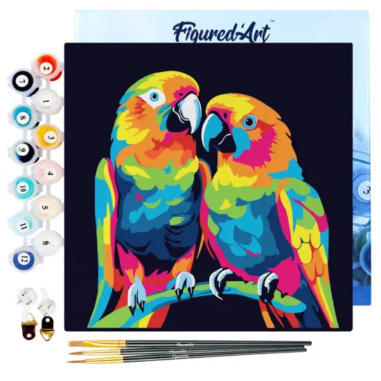 Figured'Art Mini Paint by Numbers Kit for Adults with Frame Parrots Abstract Pop Art Small format 8"x8" - Craft Art Painting DIY Canvas Already Stretched on a Wooden Frame {1}