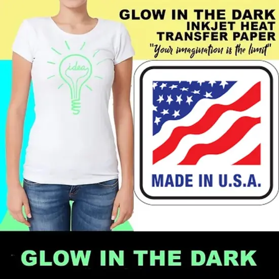 Printable Iron-on Glow Light Heat Transfer Paper for LIGHT Fabrics, sheets 8.5" x 11", Long Lasting, Durable, Professional Quality, Easy DIY, Non-Toxic, Made in USA {6}