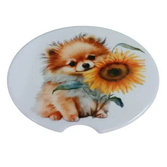 Adorable Pomeranian with Sunflower Ceramic Car Coaster Set 2.56" (2 Pack) {1}