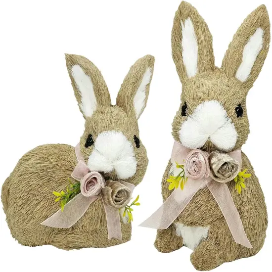 10" Sisal Easter Bunny Decor &ndash; Set of 2 with Floral Bows {1}