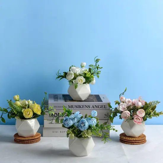 Set of 4 Mini Artificial Camellia Flowers &ndash; Faux Silk Flowers in Ceramic Vase for Home & Event D&eacute;cor {4}