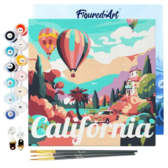 Figured'Art Mini Paint by Numbers Kit for Adults with Frame Travel Poster California Balloons Small format 8"x8" - Craft Art Painting DIY Canvas Already Stretched on a Wooden Frame {1}