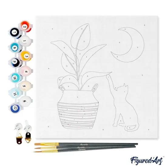 Figured'Art Mini Paint by Numbers Kit for Adults with Frame Cat plays with plant in the moonlight Small format 8"x8" - Craft Art Painting DIY Canvas Already Stretched on a Wooden Frame {4}