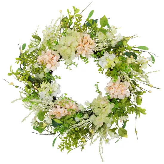 Northlight Hydrangea and Fern Spring Floral Berry Artificial Wreath - 28" - Pink Green {3}