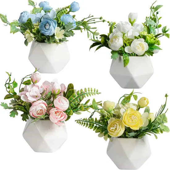 Set of 4 Mini Artificial Camellia Flowers &ndash; Faux Silk Flowers in Ceramic Vase for Home & Event D&eacute;cor {1}