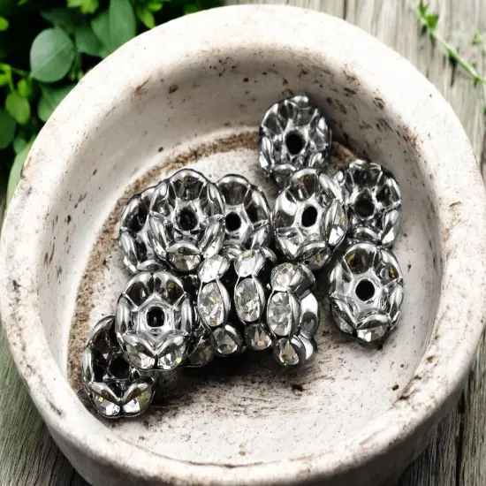 Gunmetal w/ Crystal Rhinestone Wavy Edge Rondelle Spacer Beads {1}