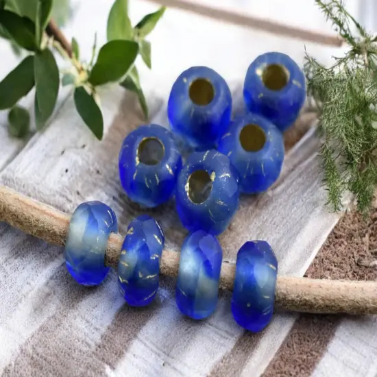 *25* 5x8mm Gold Lined Matte Sapphire Faceted Large Hole Rondelle Roller Beads {1}