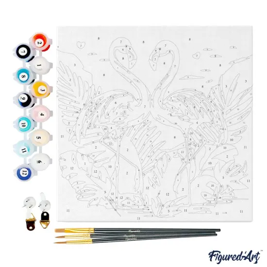Figured'Art Mini Paint by Numbers Kit for Adults with Frame Tropical Flamingos Small format 8"x8" - Craft Art Painting DIY Canvas Already Stretched on a Wooden Frame {4}