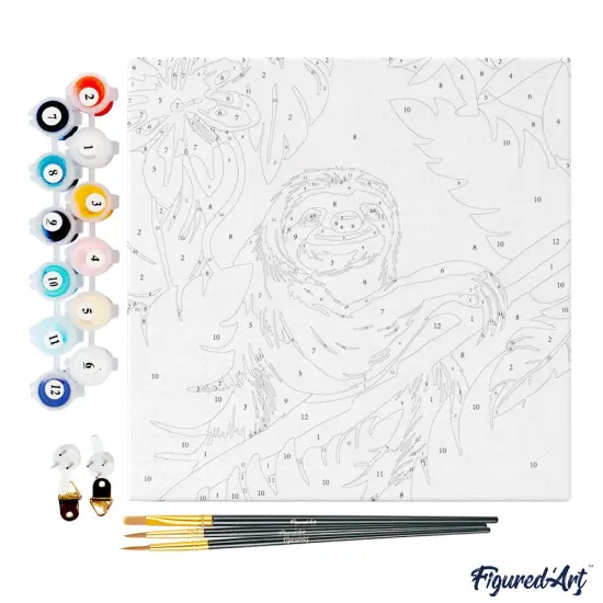 Figured'Art Mini Paint by Numbers Kit for Adults with Frame Tropical Sloth Small format 8"x8" - Craft Art Painting DIY Canvas Already Stretched on a Wooden Frame {4}