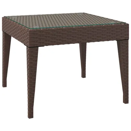 vidaXL Side Table Brown 19.7"x19.7"x15" Poly Rattan and Tempered Glass {2}