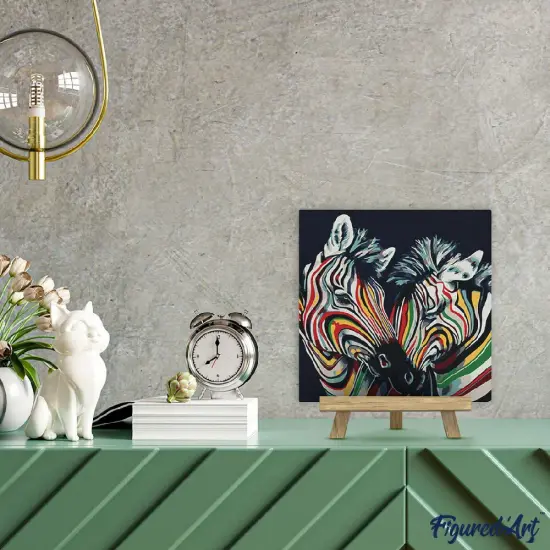 Figured'Art Mini Paint by Numbers Kit for Adults with Frame Couple of Colorful Zebras Small format 8"x8" - Craft Art Painting DIY Canvas Already Stretched on a Wooden Frame {2}