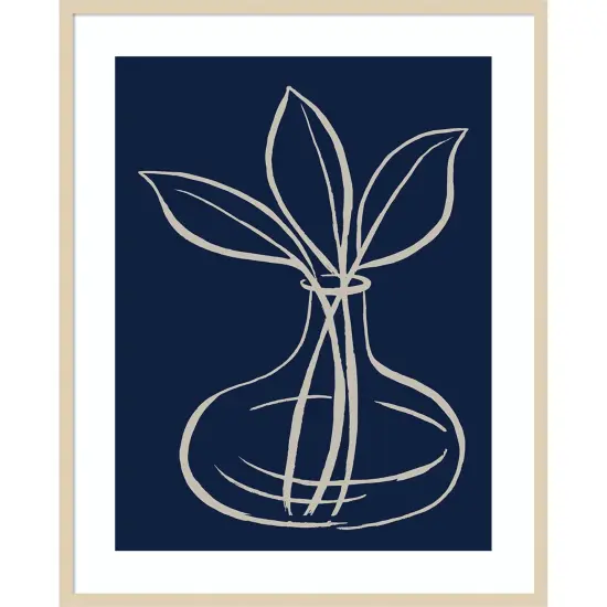 Line Leaves In Vase On Navy I by Elizabeth Medley Wood Framed Wall Art Print {1}