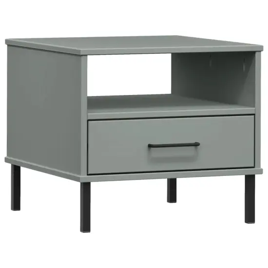 vidaXL Bedside Table with Metal Legs Gray Solid Wood Pine OSLO {2}