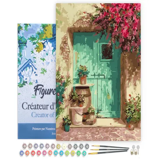 Figured'Art Paint by Numbers Kit for Adults with Frame Green Door 16"x20" - Craft Art Painting DIY Kit Canvas Already Stretched on a Wooden Frame {1}