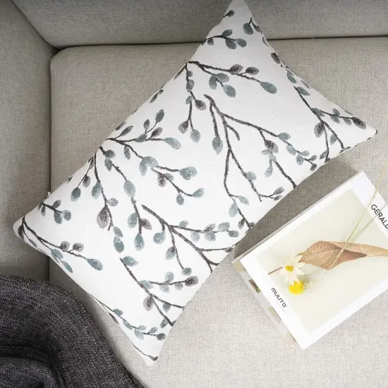 Classical Embroidery Jacquard Farmhouse Oblong Rectangle Chenille Teal Leaf Decorative Throw Pillow Case,12x20 inch {3}