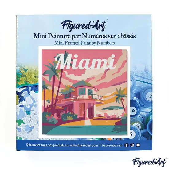 Figured'Art Mini Paint by Numbers Kit for Adults with Frame Travel Poster Miami Small format 8"x8" - Craft Art Painting DIY Canvas Already Stretched on a Wooden Frame {3}