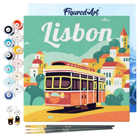 Figured'Art Mini Paint by Numbers Kit for Adults with Frame Travel Poster Lisbon Small format 8"x8" - Craft Art Painting DIY Canvas Already Stretched on a Wooden Frame {1}
