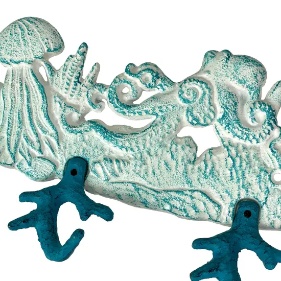 Cast Iron Sealife Plaque with Coral Hooks - Coastal Wall Decor {4}