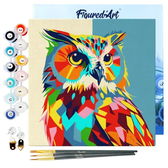 Figured'Art Mini Paint by Numbers Kit for Adults with Frame Owl Abstract Pop Art Small format 8"x8" - Craft Art Painting DIY Canvas Already Stretched on a Wooden Frame {1}