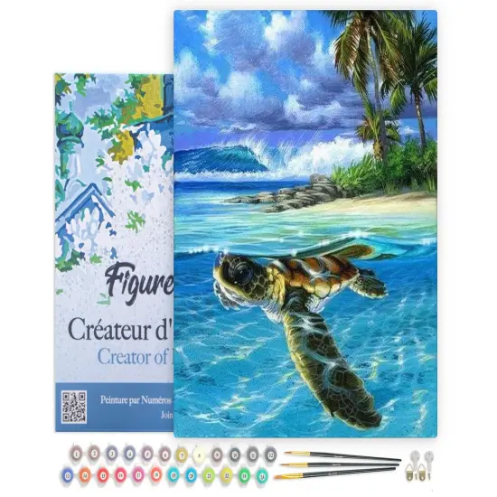 Figured'Art Paint by Numbers for Adults with Frame Relaxing Turtle 16"x20" - Craft Art Painting DIY Kit Canvas Already Stretched on a Wooden Frame {1}