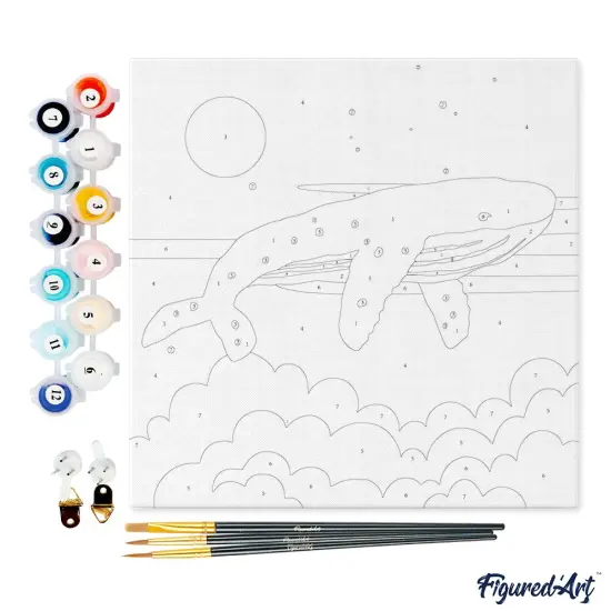 Figured'Art Mini Paint by Numbers Kit for Adults with Frame Pastel Flying Whale Small format 8"x8" - Craft Art Painting DIY Canvas Already Stretched on a Wooden Frame {4}