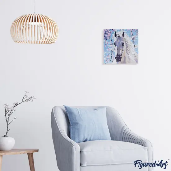 Figured'Art Mini Paint by Numbers Kit for Adults with Frame White Horse And Flowers Small format 8"x8" - Craft Art Painting DIY Canvas Already Stretched on a Wooden Frame {2}