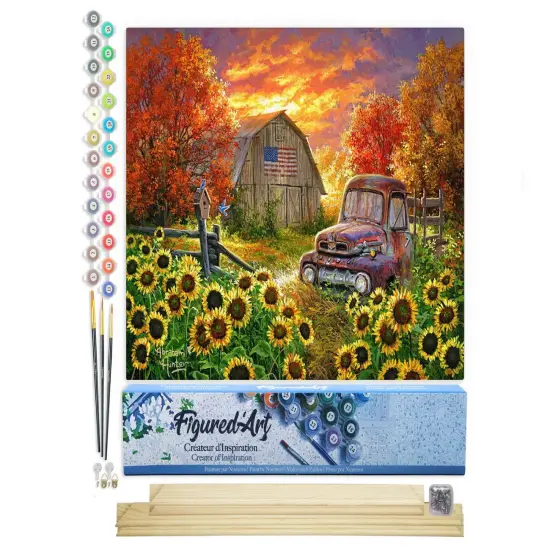 Figured'Art Paint by Numbers Kit for Adults Sunflowers in front of the barn 16"x20" - Craft Art Painting Rolled Canvas with DIY wooden frame {1}