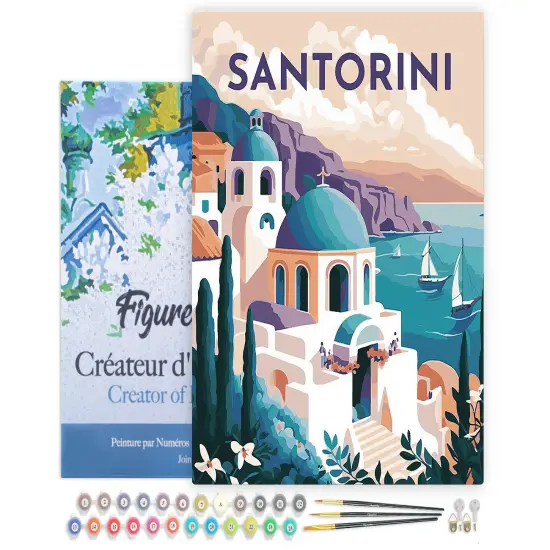 Figured'Art Paint by Numbers for Adults with Frame Travel Poster Santorini 16"x20" - Craft Art Painting DIY Kit Canvas Already Stretched on a Wooden Frame {1}