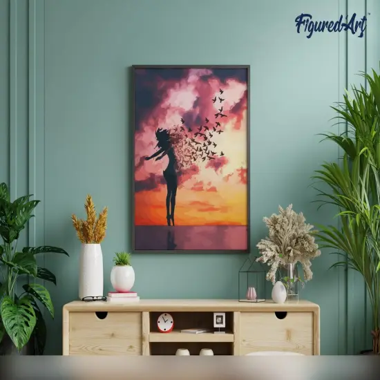 Figured'Art Paint by Numbers for Adults with Frame Women and Birds at Sunrise 16"x20" - Craft Art Painting DIY Kit Canvas Already Stretched on a Wooden Frame {4}