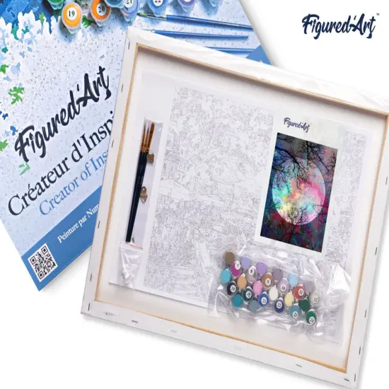 Figured'Art Paint by Numbers for Adults with Frame Full Moon with Colourful reflections 16"x20" - Craft Art Painting DIY Kit Canvas Already Stretched on a Wooden Frame {5}
