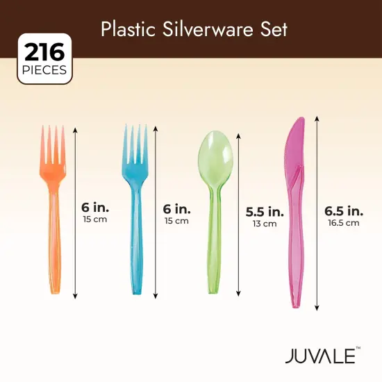 216 Piece Rainbow Plastic Silverware Set for Parties with Neon Forks, Spoons, Knives (Serves 54) Multicolor {7}