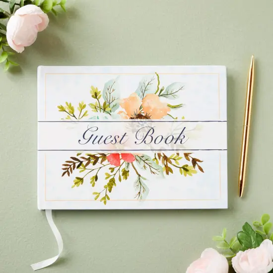 Floral Guest Book for Reception, Baby Shower with 56 Sheets/112 Pages, Bookmark Ribbon (8x6 in) Blue {2}
