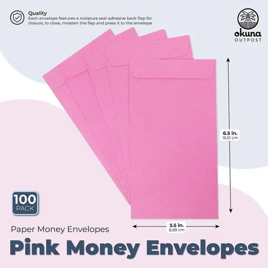 100 Pack Money Envelopes for Cash, Payroll, Money Saving, Coins, Currency, 100GSM, 6.5 x 3.5 inches, Versatile Office Supplies, Pink {2}