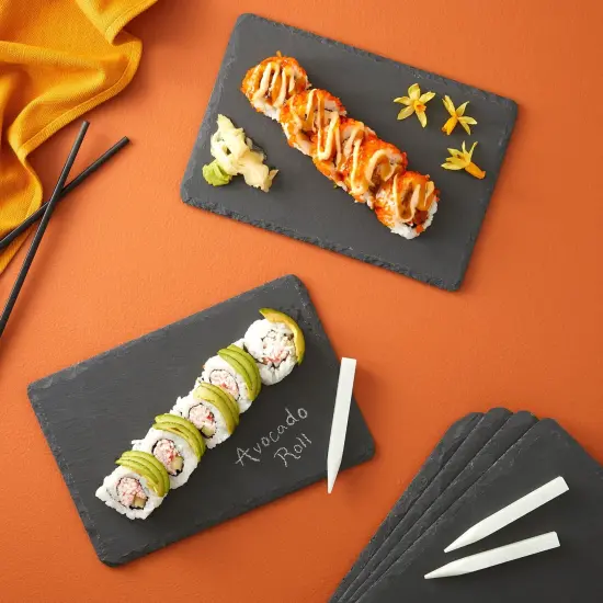 6 Pack Mini Slate Charcuterie Boards Set with Chalk - Individual Stone Serving Plates for Cheese, Sushi, Food (6x8.7 in) Multicolor {3}