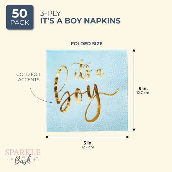 50 Pack Its a Boy Baby Shower Cocktail Napkins Party Supplies, Blue with Gold Foil Table Decorations (5 x.5 Inches) {2}