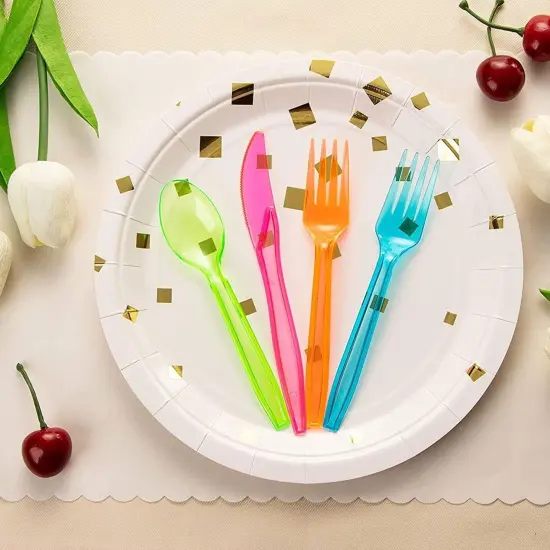 Rainbow Plastic Silverware Set, Neon Forks, Knives, and Spoons (144 Pieces) Multicolor {5}