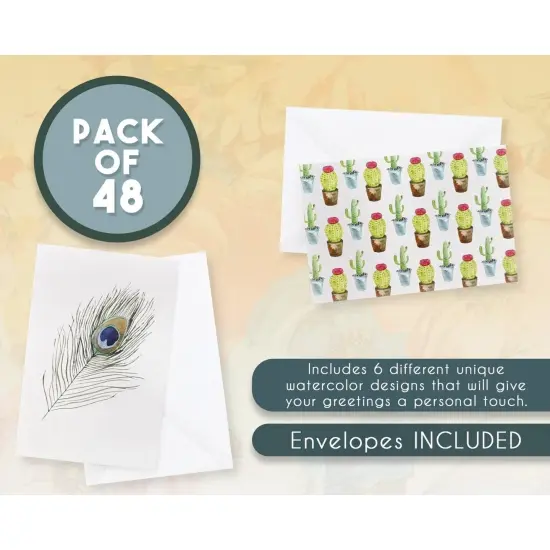 48-Pack All Occasions Cards with Envelopes, 6 Watercolor Floral Peacock Feather Designs, Blank Insides for Anytime, Birthdays, Wedding, 4x6 Multicolor {3}