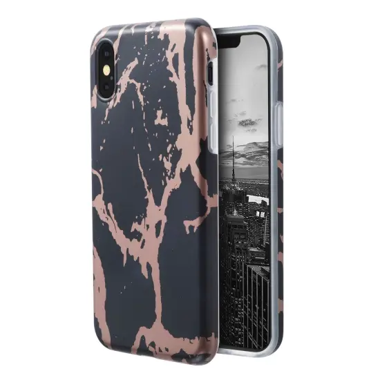 Insten [Unique Design] Case compatible with Apple iPhone X, [Marble Pattern] TPU Rubber Candy Skin Case Cover Compatible With Apple iPhone X, Black & Rose Gold {1}