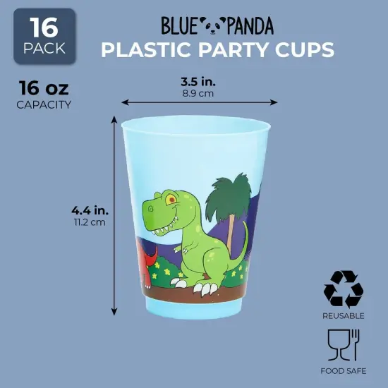 16 Pack Plastic Dinosaur Cups for Kids, Cartoon Dino Party Favors for Birthday Party Supplies (16 oz) Multicolor {2}