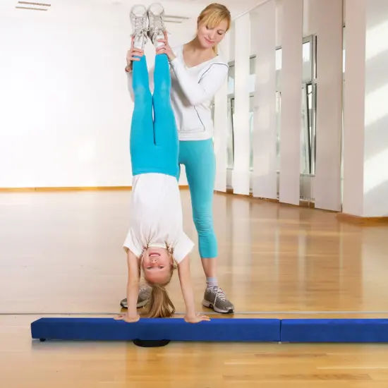 8 Feet Portable Folding Gymnastic Balance Beam with Solid Wood Base Ideal for Walkover or Cartwheel Blue {6}