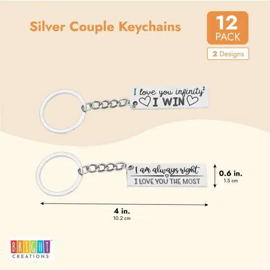 12 Pcs Silver Couples Keychains for Boyfriend Girlfriend, Metal Car Key and Bag Accessories for Men Women, I Love You, 0.6 x 4 in {3}