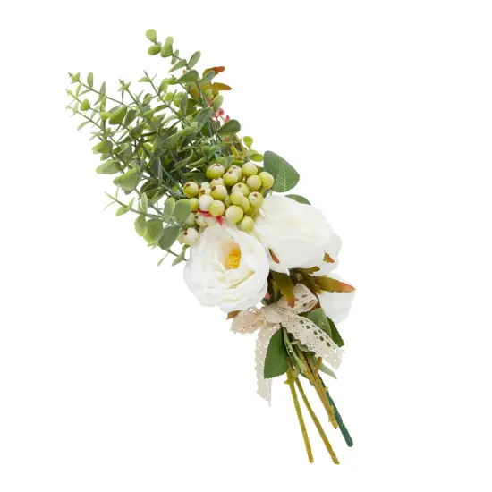 White Silk Roses, Eucalyptus and Berry Bridal Bouquet, Wedding Centerpiece (15.7x7 In) {6}