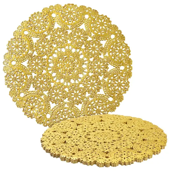 60 Pack 10 Inch Gold Paper Doilies for Dining Table, Round Decorative Medallion Lace Placemats for Wedding {1}