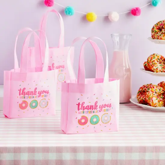 24 Pack Donut Goodie Bags - Pink Donut Theme Party Favor Totes for Girl's Birthday, Baby Shower, Special Event (6.5 x 7 x 2 In) {2}