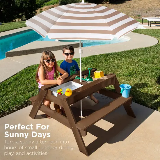 Best Choice Products Kids 3-in-1 Outdoor Convertible Activity Sand & Water Picnic Table w/ Umbrella Walnut/Beige {3}