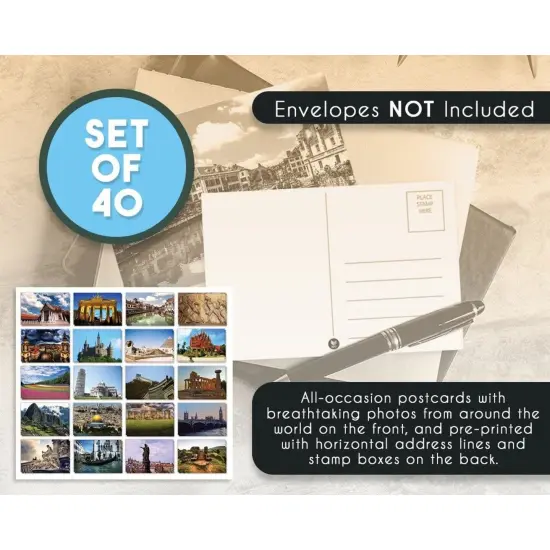40 Pack Bulk Travel Postcards From Around the World for Mailing, 20 Assorted Designs (4 x 6 In) Multicolor {5}