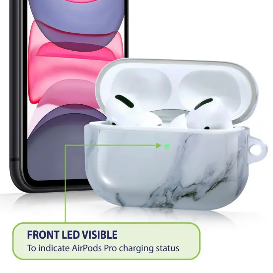 Marble Case Compatible with Airpods Pro, Glossy Soft TPU Protective Smooth Cover with Portable Keychain, Supports Wireless Charging, Shockproof & Anti-Scratch, Shinny White Marble by Insten {4}